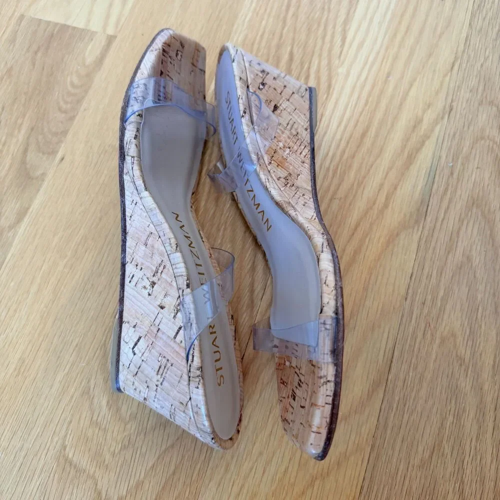Stuart Weitzman Clear PVC Strap Cork Wedge Sandals - Picture 6 of 7